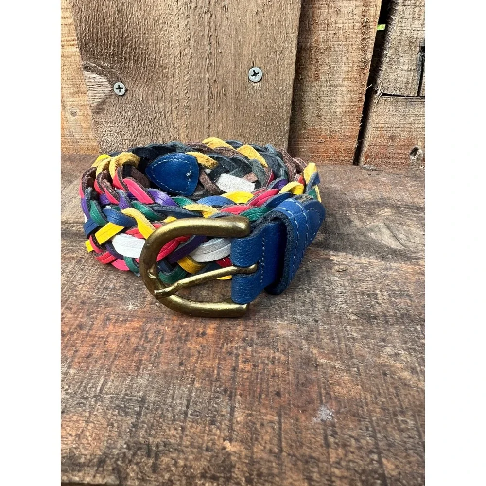 Capezio Vintage Multi Color Braided Leather Belt Woven Argentina Brass Buckle SM